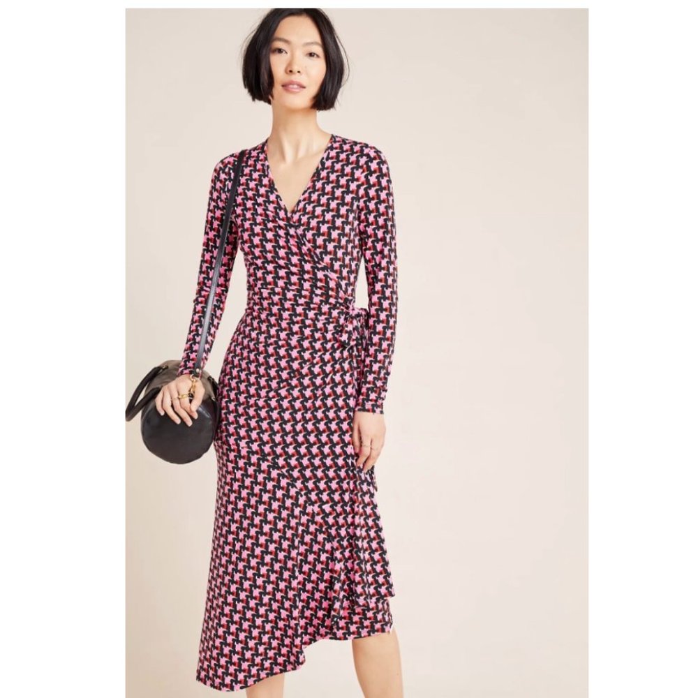 ANTHROPOLOGIE YUMI KIM RED PINK BLACK SABINE JERSEY ASYMMETRICAL WRAP DRESS